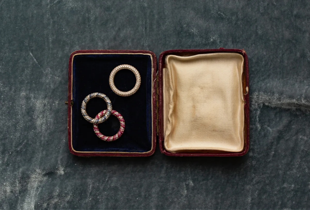 Vintage jewelry box flat lay